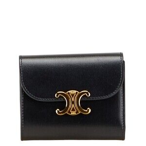 Celine Triomphe Tri fold Wallet Black Leather